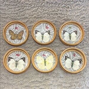 Vintage MCM Pressed Butterfly Lace boho print Coasters Rattan Bamboo Set of 6